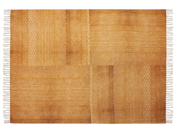 Tæppe Gul og Beige Bomuld 130 x 180 cm Sengekast Afrikansk Mønster Frynser Soveværelse Stue