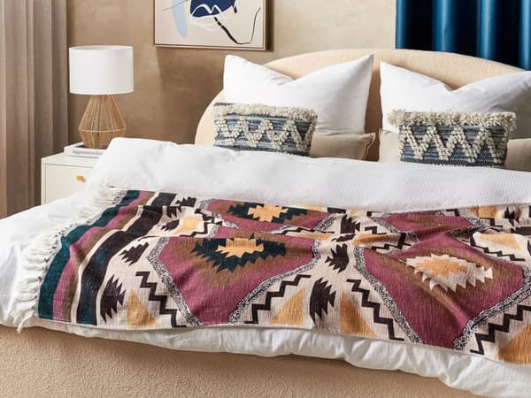 Sengetæppe Multifarvet Bomuld 130 x 180 cm Boho Rustik Detalje Stykke Soveværelse Stue
