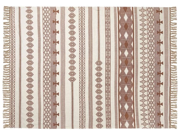 Huopa beige ruskea 130 x 180 cm puuvilla abstrakti Kelim-kuvio boho käsintehty viltti