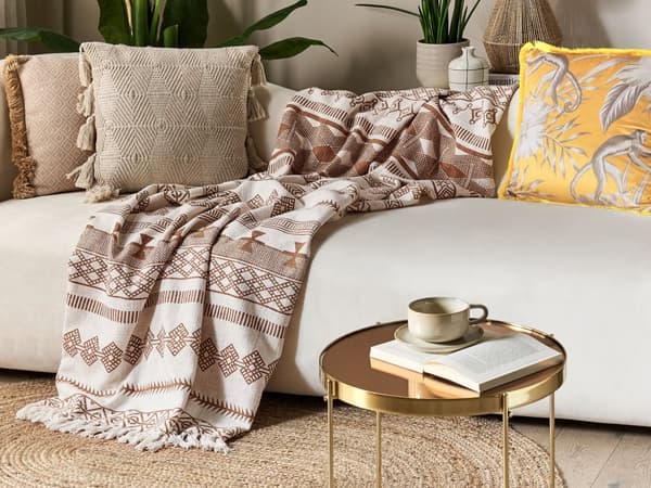 Huopa beige ruskea 130 x 180 cm puuvilla abstrakti Kelim-kuvio boho käsintehty viltti