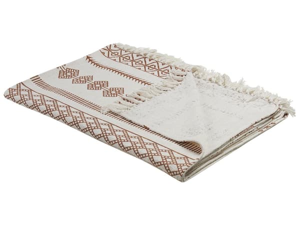 Huopa beige ruskea 130 x 180 cm puuvilla abstrakti Kelim-kuvio boho käsintehty viltti