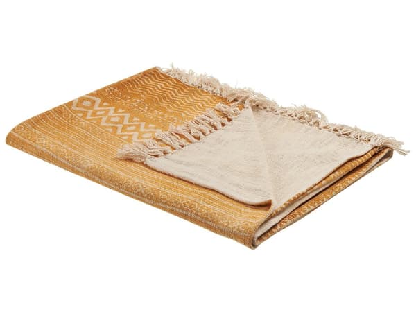 Huopa sinapinkeltainen beige 130 x 180 cm puuvilla abstraktikuvio boho käsin valmistettu viltti