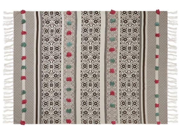 Huopa beige ruskea 130 x 180 cm puuvilla kukkakuvio boho tupsut käsin valmistettu viltti