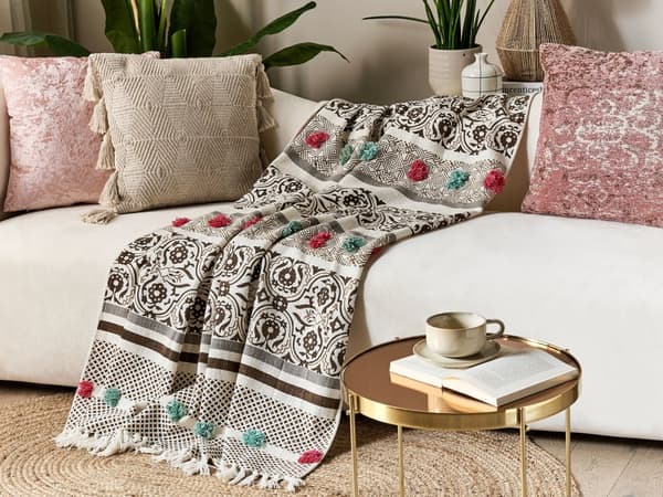 Filt Brun Beige Bomull 130 x 180 cm Blommigt Mönster Stickad Överkast Pom Poms Vardagsrum Accentdel