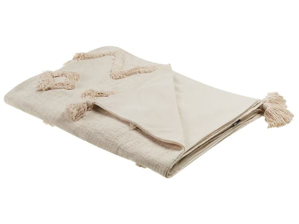 Filt Beige Bomull 130 x 180 cm Geometriskt Mönster Stickad Överkast Boho Stil Vardagsrum Sovrum Accentdel