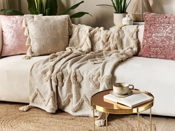 Filt Beige Bomull 130 x 180 cm Geometriskt Mönster Stickad Överkast Boho Stil Vardagsrum Sovrum Accentdel