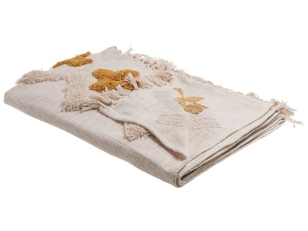 Filt Beige och Gul Bomull 130 x 180 cm Sängöverkast Abstrakt Mönster Fransar Sovrum Vardagsrum