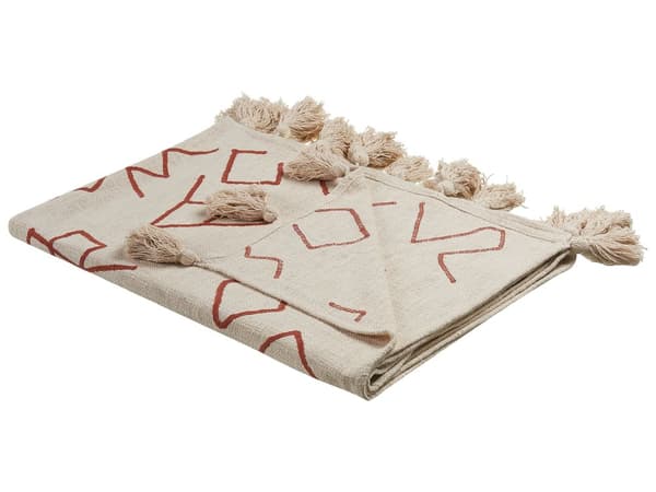 Pledd Beige Rød Bomull 130 x 180 cm Håndlaget Frynser Broderier Koselig Sengeteppe Stueinnredning