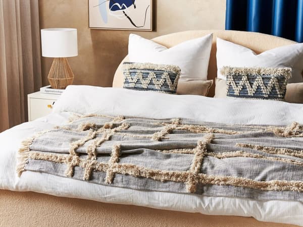 Pledd Grå Beige Bomull 130 x 180 cm Håndlagd broderi Frynser Sengeteppe Sofateppe Boligtekstil Dekorativt tilbehør