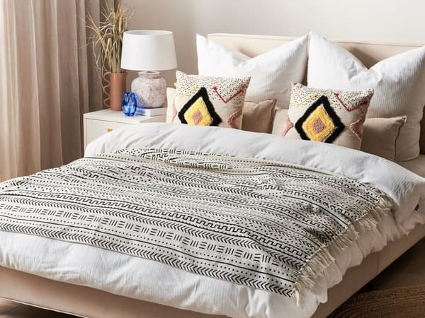 Cotton Blanket Black White 130 x 180 cm Bed Throw Tribal Pattern Bedroom Living Room