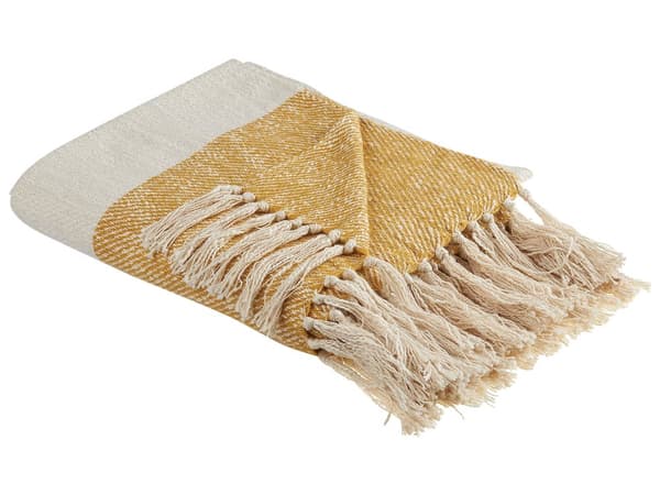 Filt Beige och Orange Bomull Akryl 130 x 170 cm Randigt mönster Tofsar Boho Style Vardagsrum Sovrum Accent