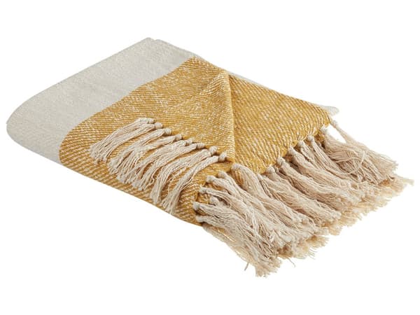 Filt Beige och Orange Bomull Akryl 130 x 170 cm Randigt mönster Tofsar Boho Style Vardagsrum Sovrum Accent
