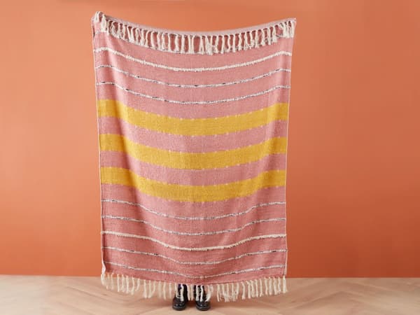 Filt Ljusröd Bomull Akryl 130 x 170 cm Randigt Mönster Tofsar Boho Stil Vardagsrum Sovrum Accent