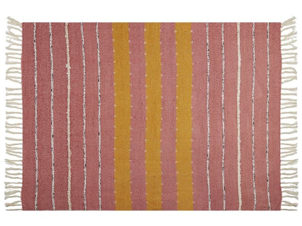 Filt Ljusröd Bomull Akryl 130 x 170 cm Randigt Mönster Tofsar Boho Stil Vardagsrum Sovrum Accent
