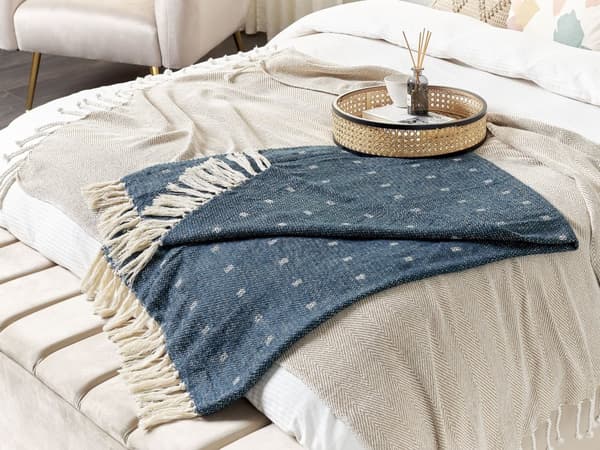 Plaid Blå Beige Akryl Bomuld 130 x 170 cm Slumretæppe med Kvaster til Sofaen Sengen Stue Tilbehør Soveværelse Sengetæppe Prikker Design