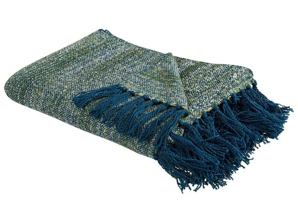 Plaid Blå Grøn Akryl 130 x 170 cm Dekorativ Slumretæppe med Kvaster til Sofaen Sengen Stue Tilbehør Soveværelse Sengetæppe Indretning Design