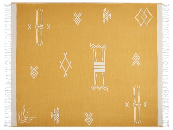Plaid Gul Hvid Akryl 130 x 170 cm Slumretæppe med Kvaster til Sofaen Sengen Stue Tilbehør Soveværelse Sengetæppe Symbol Design