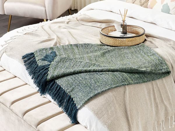 Pledd Blå Grønn Akryl 130 x 170 cm Frynser Boho Dekorasjon Tekstil Stue Soverom Sengeteppe