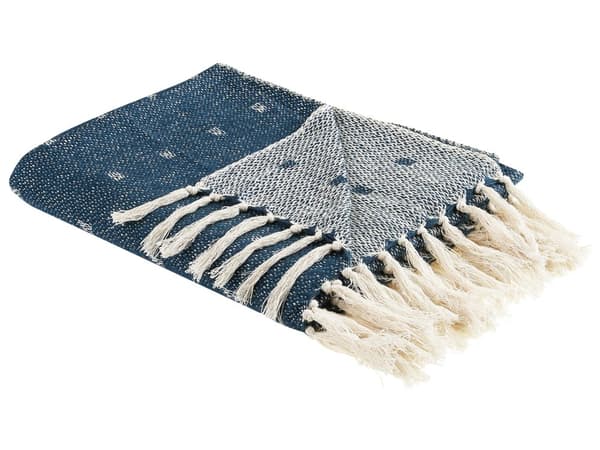 Pledd Mørkeblå Bomull Akryl 130 x 170 cm Geometrisk mønster Frynser Boho Dekorasjon Tekstil Stue Soverom Sengeteppe