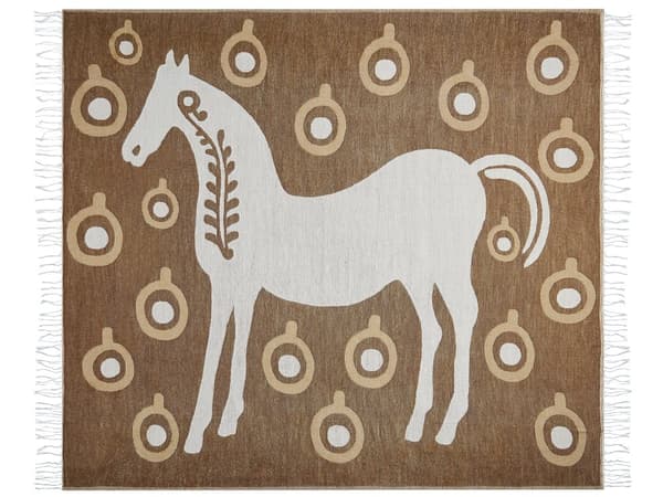 Viltti ruskea valkoinen 130 x 170 cm akryyli polyesteri tupsut hevoskuvio maalaismainen boho