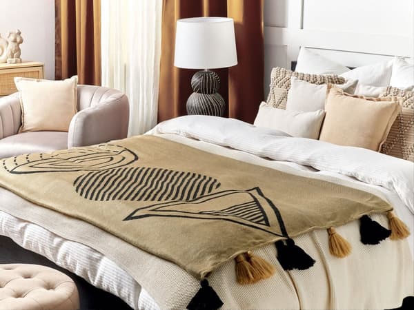 Filt Beige och Svart Akryl och Polyester 130 x 170 cm Sängöverkast Abstrakt Mönster Fransar Sovrum Vardagsrum