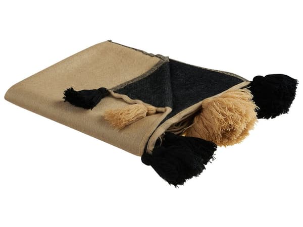 Filt Beige och Svart Akryl och Polyester 130 x 170 cm Sängöverkast Abstrakt Mönster Fransar Sovrum Vardagsrum