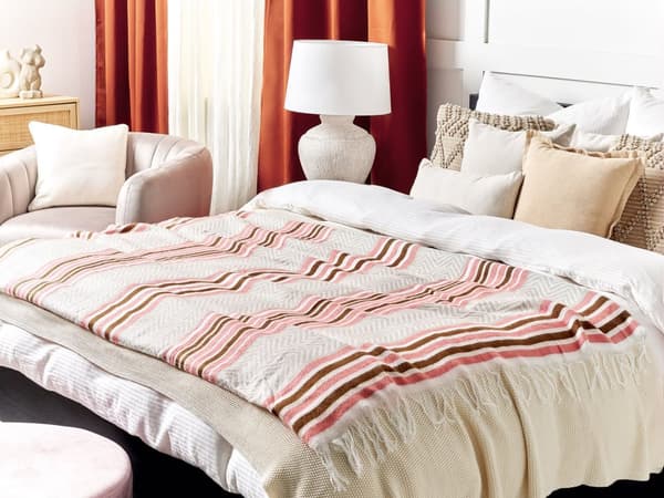 Filt Rosa och Beige Akryl och Polyester 130 x 170 cm Sängkast Geometriskt mönster Fransar Sovrum Vardagsrum