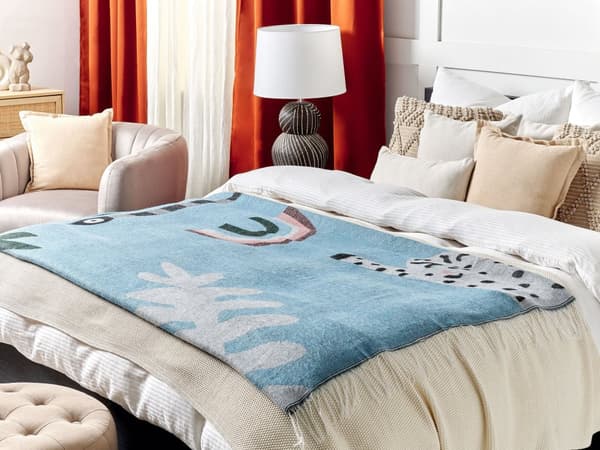 Plaid Tæppe Blå Akryl Polyester 130 x 170 cm Moderne Blød Slumretæppe Design med Frynser Mønsteret Symboler Soveværelse Tilbehør