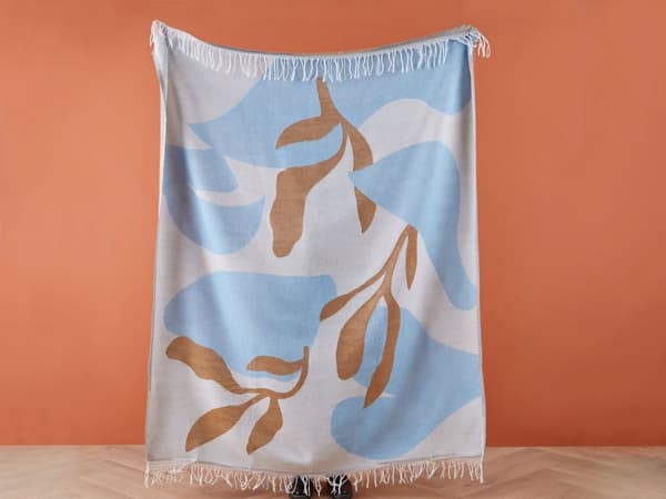 Plaid Tæppe Beige Blå Akryl Polyester 130 x 170 cm Moderne Slumretæppe til Seng Sofa Tilbehør Stue Soveværelse Indretning Blomster Mønster