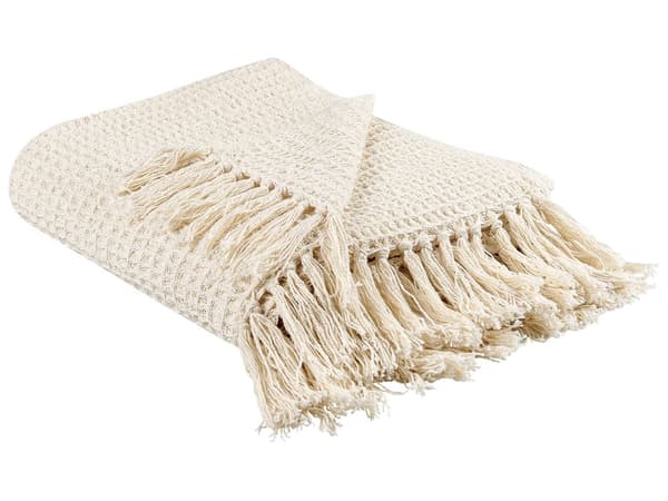 Filt Beige Bomull 125 x 150 cm Våffelmönster Stickad Överkast Boho Stil Vardagsrum Sovrum Hemmtillbehör