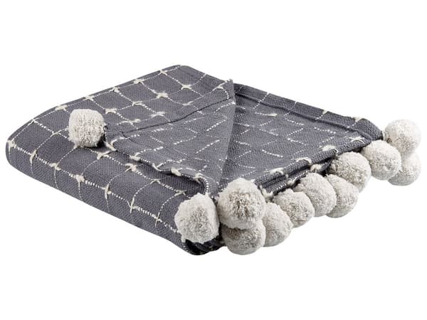 Filt Grå Bomull 125 x 150 cm Dekorativ Filt med Pom Poms Rutig Överdrag Hemtillbehör Vardagsrum Sovrum