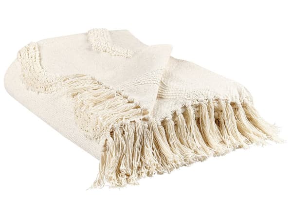 Filt Beige Bomull 125 x 150 cm Geometriskt Mönster Stickad Överkast Boho Stil Vardagsrum Sovrum
