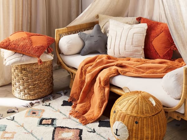 Filt Orange Bomull 125 x 150 cm Geometriskt Mönster Stickad Överkast Boho Stil Vardagsrum Sovrum