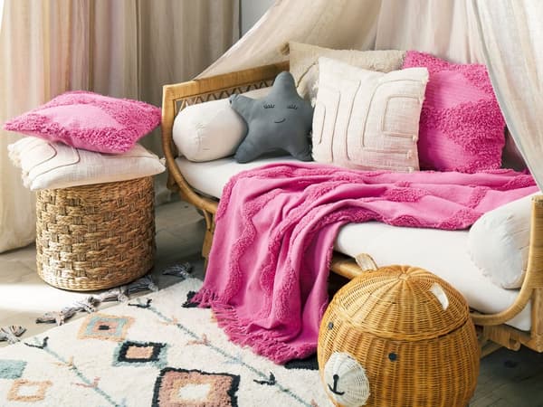 Filt Rosa Bomull 125 x 150 cm Geometriskt Mönster Stickad Överkast Boho Stil Vardagsrum Sovrum