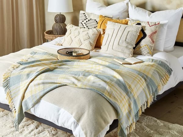 Plaid Grøn Gul Bomuld 125 x 150 cm Blød Hyggetæppe til Sofa Moderne Gingham Mønster Varm Bomuldstæppe Design Skandinavisk Senge Plaid