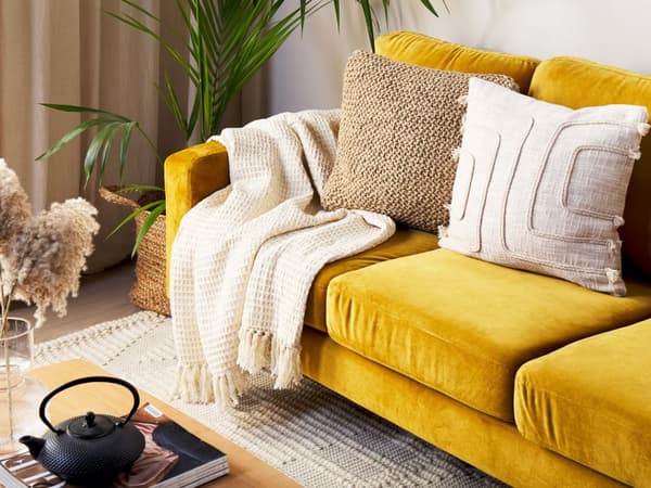 Viltti beige puuvilla 125 x 150 cm vohvelikuviolla ja hapsuilla boho-tyyli