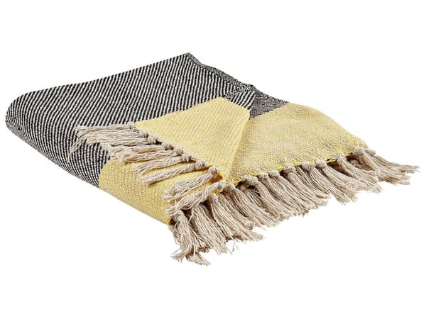 Viltti harmaa/keltainen puuvilla 125 x 150 cm raidallinen hapsuilla perinteinen tyyli