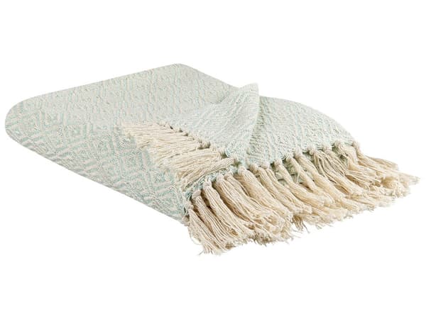 Huopa vihreä beige 125 x 150 cm puuvilla tupsut geometrinen kuvio viltti boho