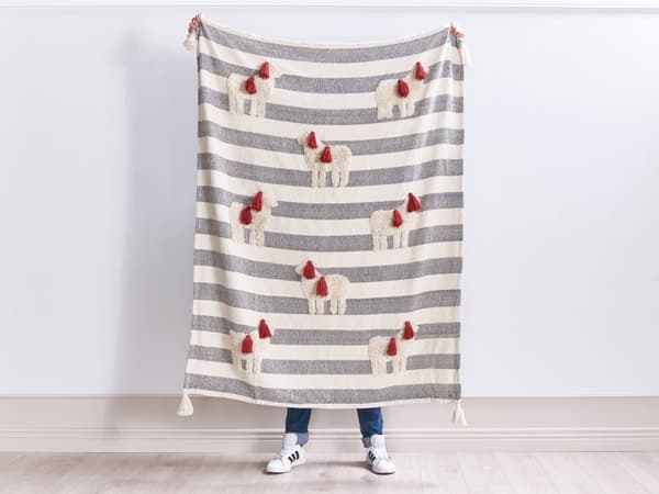 Pledd Hvit Grå Bomull 125 x 150 cm Stripete Håndtuftede hester Dusker Dekorativt Boho Tekstil Stue Soverom