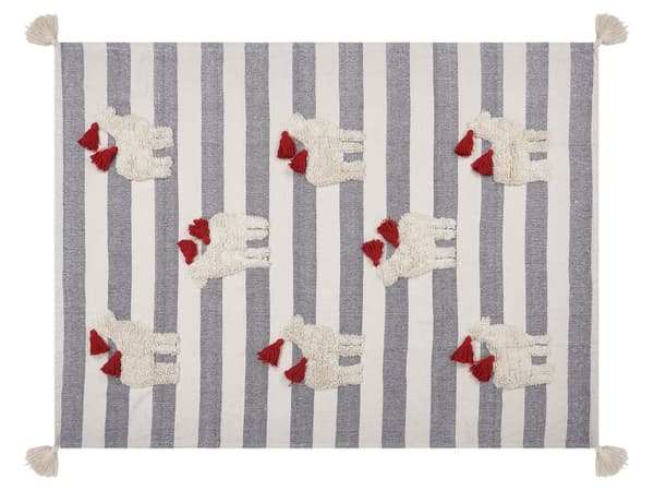 Pledd Hvit Grå Bomull 125 x 150 cm Stripete Håndtuftede hester Dusker Dekorativt Boho Tekstil Stue Soverom