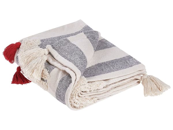 Pledd Hvit Grå Bomull 125 x 150 cm Stripete Håndtuftede hester Dusker Dekorativt Boho Tekstil Stue Soverom