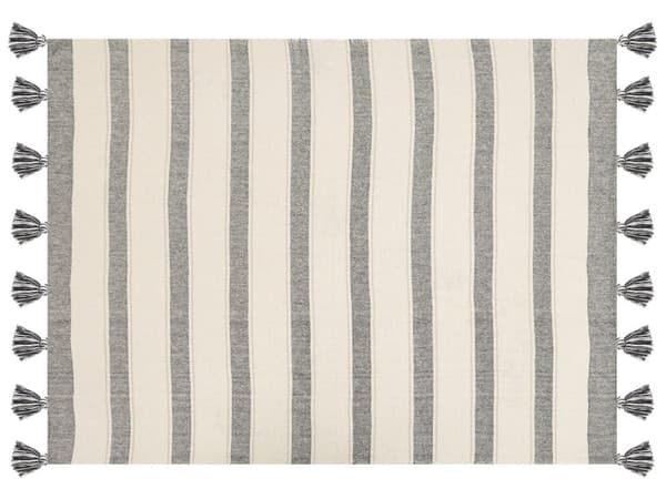 Torkkupeitto beige harmaa 130 x 170 cm puuvilla polyesteri käsintehty tupsut raidallinen boho
