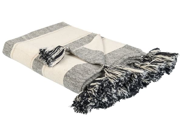 Torkkupeitto beige harmaa 130 x 170 cm puuvilla polyesteri käsintehty tupsut raidallinen boho