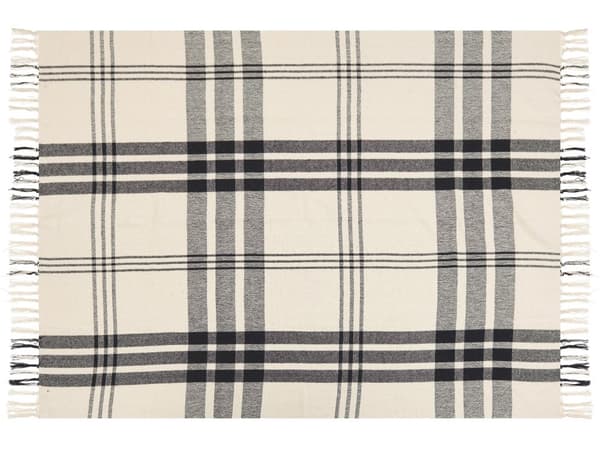 Plaid Hvid Sort Bomuld 130 x 170 cm Blød Hyggetæppe til Sofa Moderne Stribet Varm Bomuldsplaid med Frynser Design Inspiration Senge Plaid