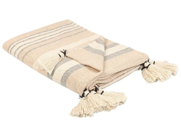 Plaid Beige Bomuld 130 x 170 cm Blød Hyggetæppe til Sofa Moderne Stribet Varm Bomuldsplaid med Kvaster Design Inspiration Senge Plaid