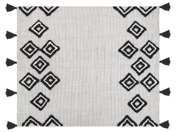 Pläd i vit och svart polyester PET 130 x 150 cm med dekorativa tofsar Handgjord