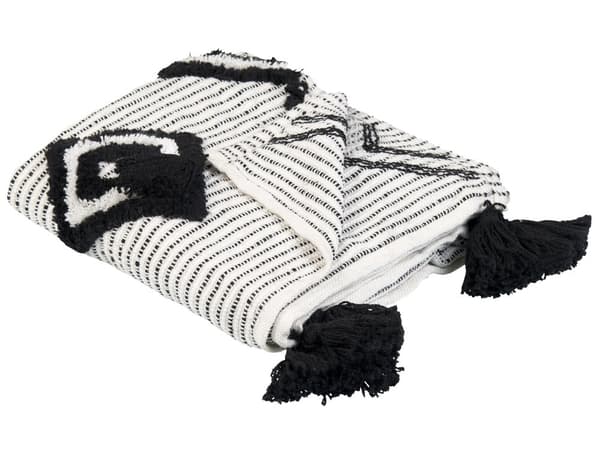 Pläd i vit och svart polyester PET 130 x 150 cm med dekorativa tofsar Handgjord