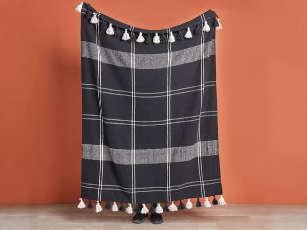 Pledd Svart Bomull 130 x 170 cm Rutete mønster Tilbehør Dekorative dusker Håndlaget