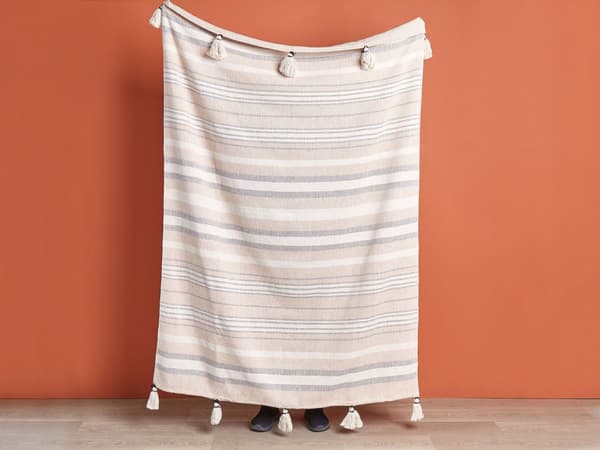 Pledd Beige Bomull 130 x 170 cm Stripete mønster Tilbehør med dekorative dusker Håndlaget