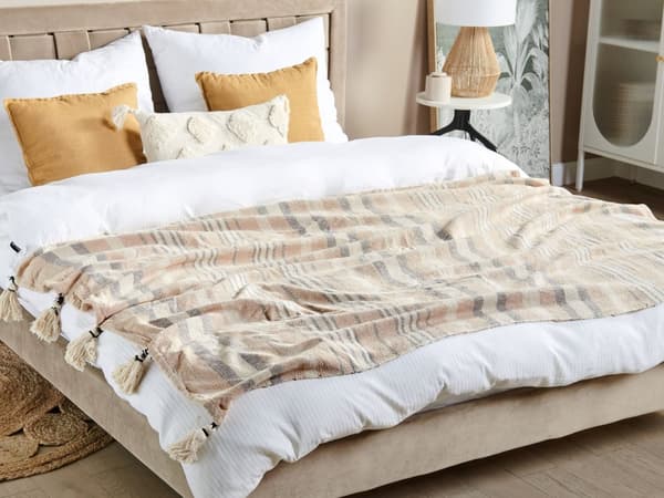 Pledd Beige Bomull 130 x 170 cm Stripete mønster Tilbehør med dekorative dusker Håndlaget